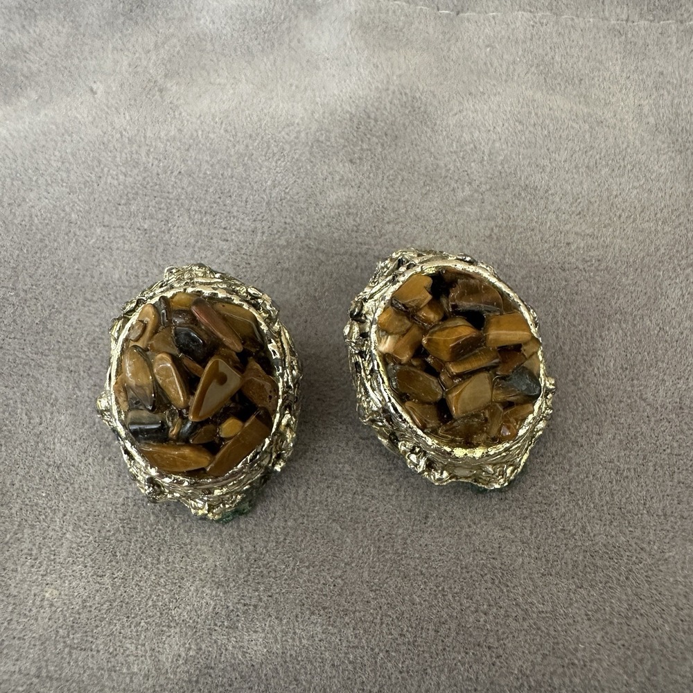 Vintage Clip On Earrings Tigers Eye Stone Chips Set in Goldtone Metal Brutalist